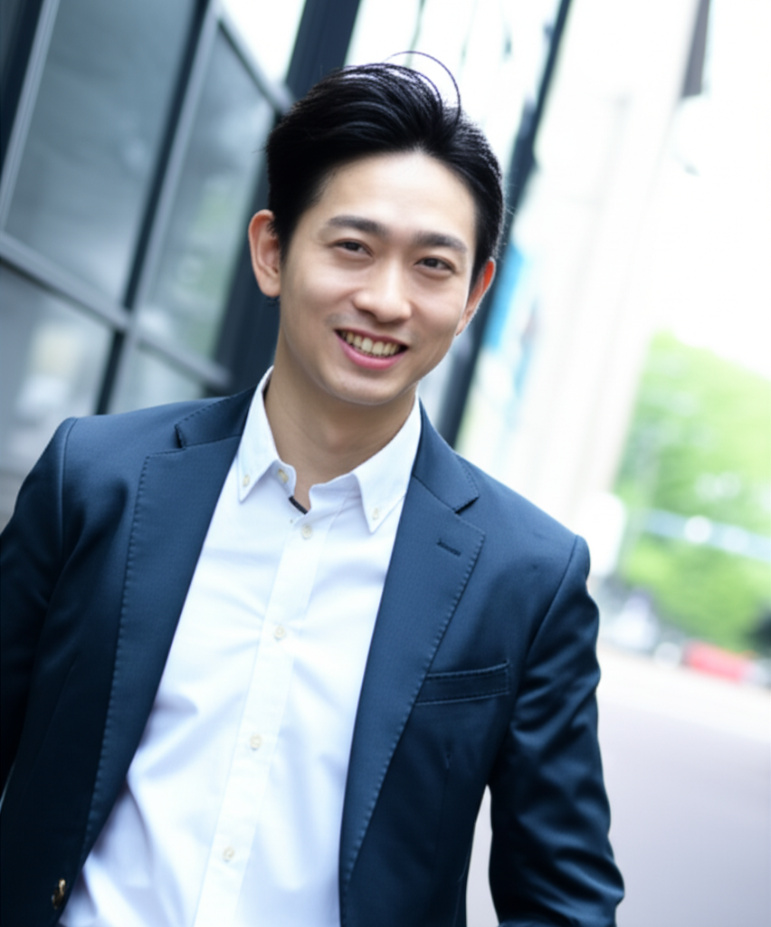 ビジネススーツを着た男性が微笑んでいるポートレート写真。