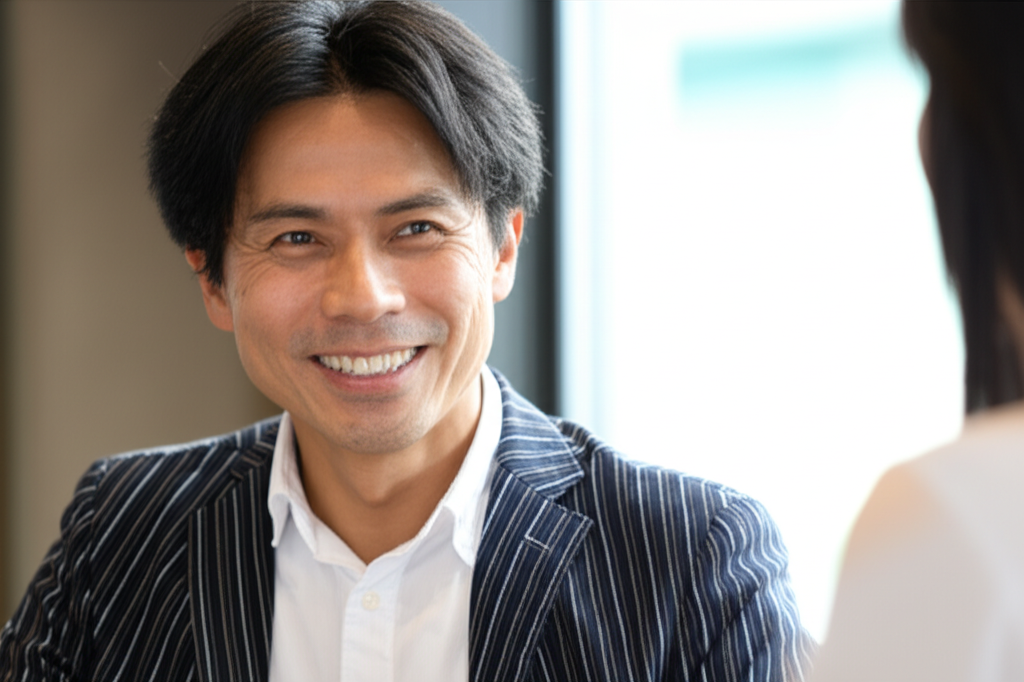 ストライプのスーツを着た男性が微笑んでいるポートレート写真。