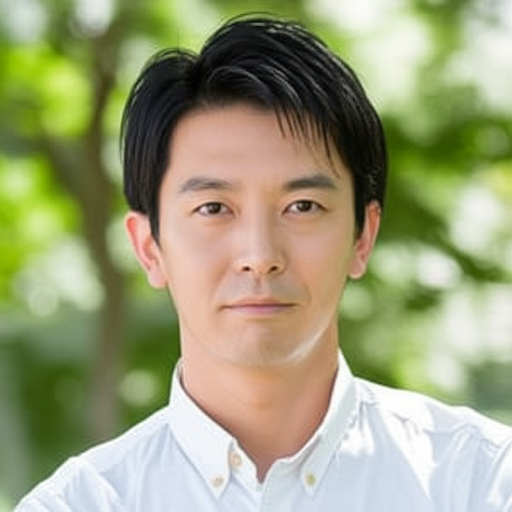 緑の背景で微笑む男性のポートレート写真。白いシャツを着ている。