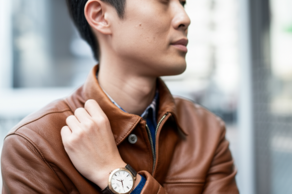 茶色のジャケットを着た男性が腕時計を見せている様子。