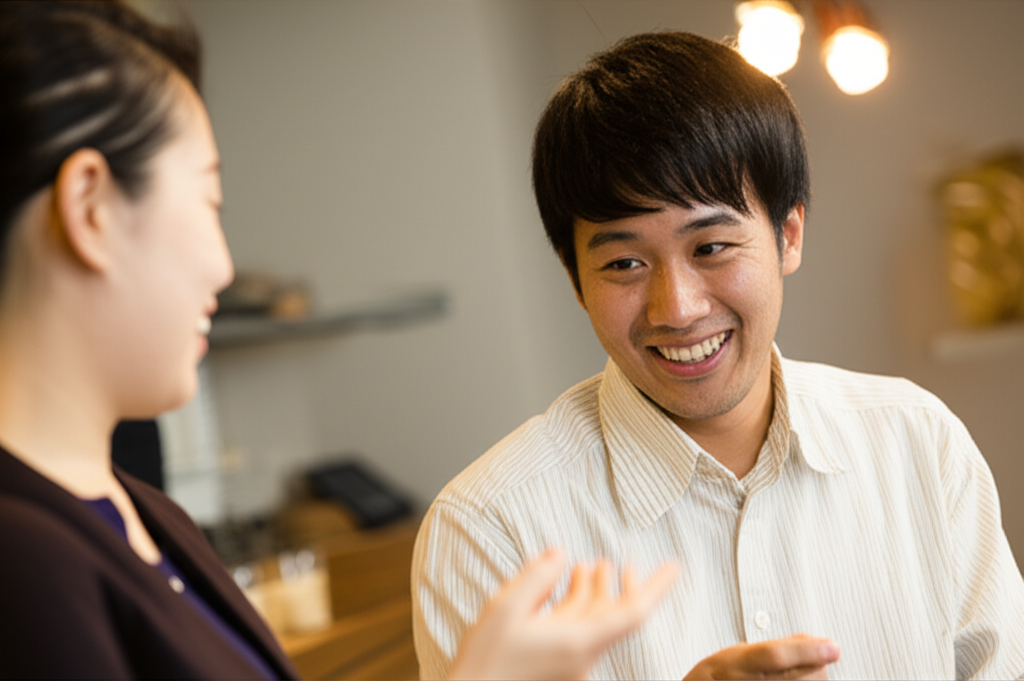 ビジネスミーティング中に話している男性と女性の二人の姿。