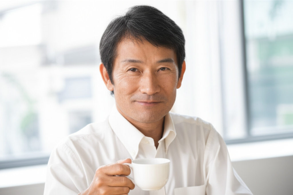 白いシャツを着た男性がコーヒーカップを持ち、カメラに向かって微笑んでいる。