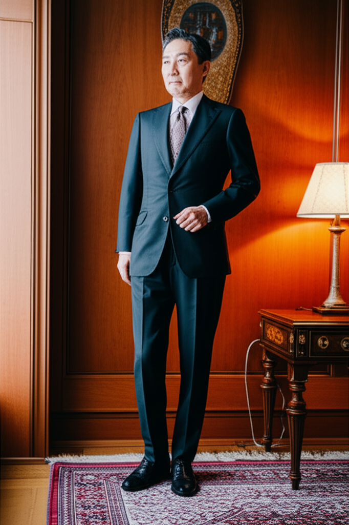 ビジネススーツを着た男性が立っている写真。ネクタイを締めており、フォーマルな印象を与える。