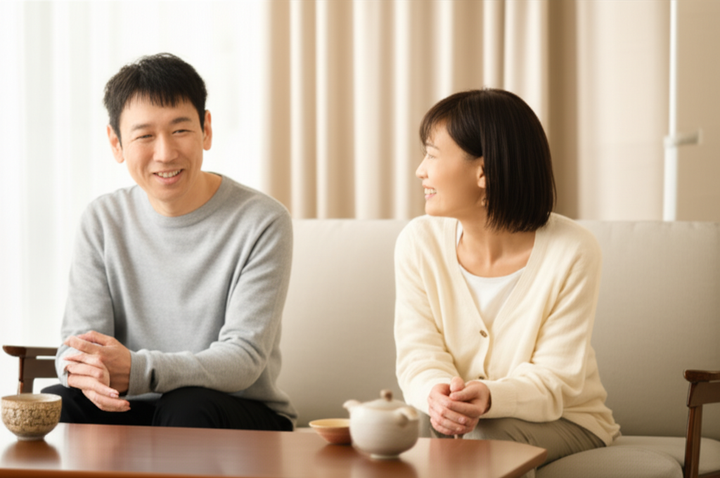 ソファに座ってカジュアルに会話を楽しむ男女の写真。