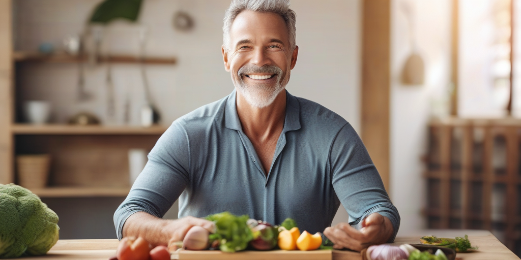 白髪の男性が青系セーターのような長袖シャツを着て、キッチンの木製カウンターでキャベツやブロッコリー、桃などの野菜を前に微笑んでいる。自然光が差し込み、落ち着いた家庭的な雰囲気。